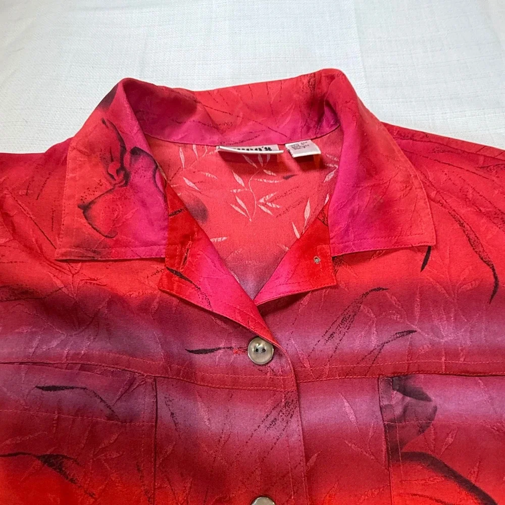 Chicos Design Silk Button Up Blouse Tropical Floral 100% Silk‎ Size 2